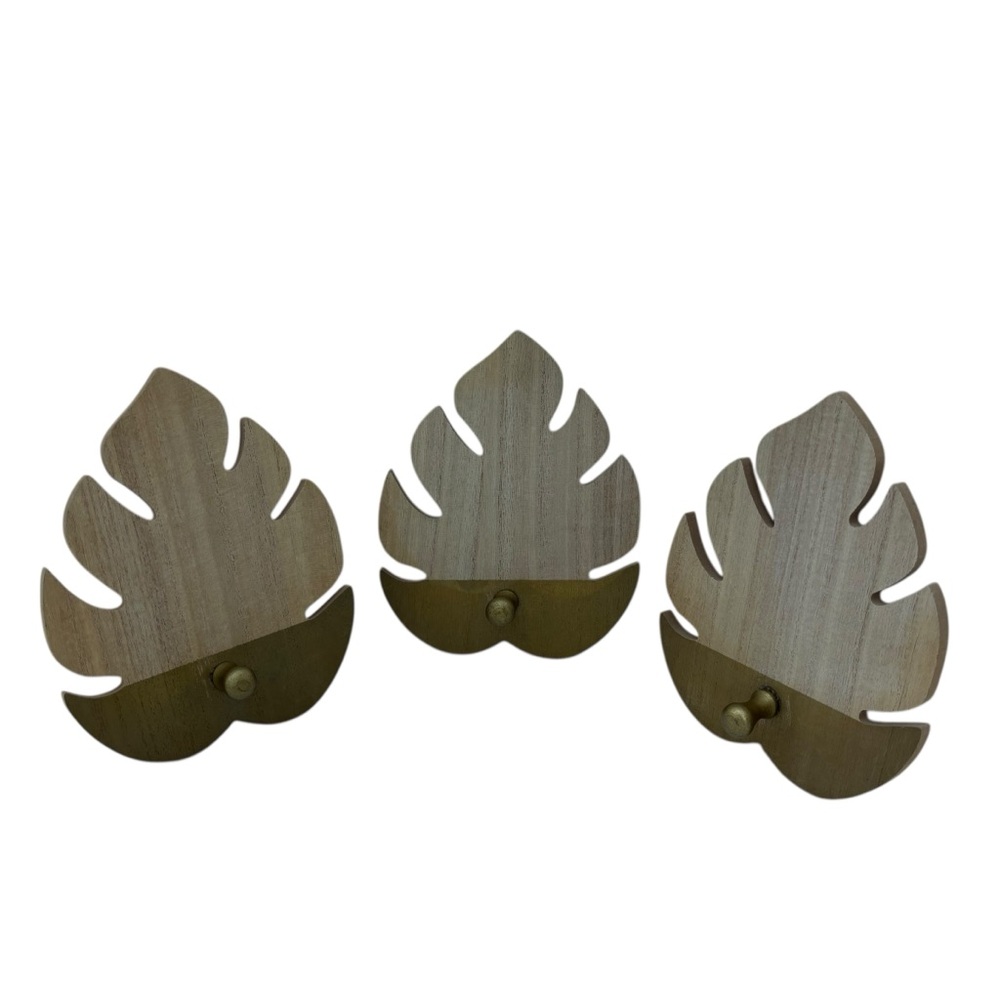 3 Composite wood leaf shaped coat peg hook hanger 2 tone earth tones Like new